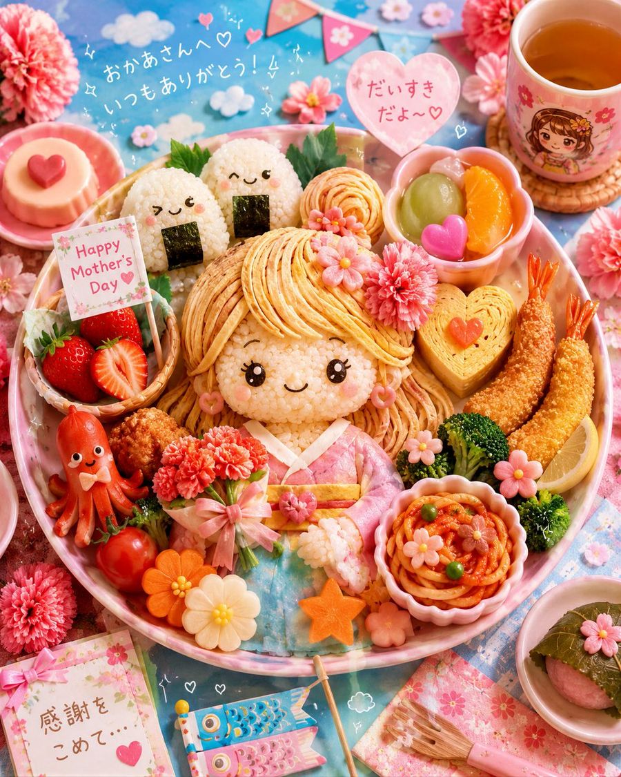 Arte de Comida Bento Kawaii para o Dia das Mães