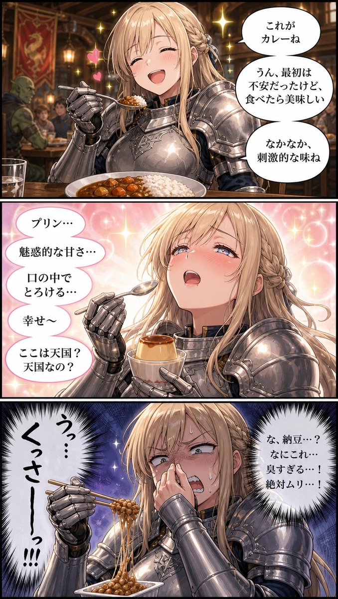 Manga de reacción de un caballero de fantasía ante la comida