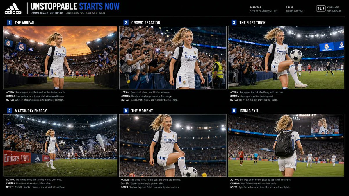 Storyboard cinematográfico para anuncio de fútbol