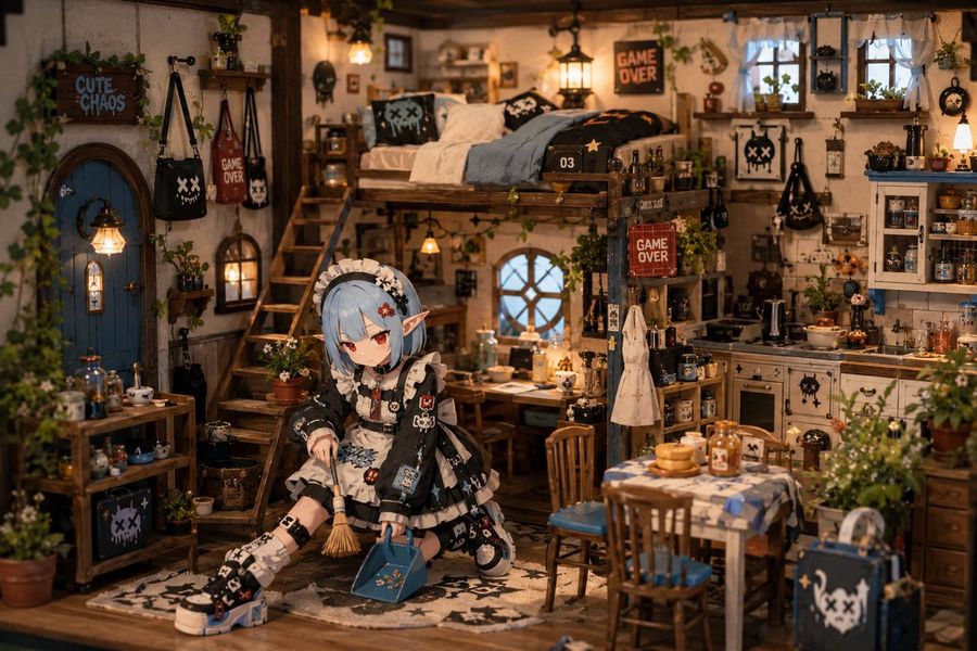 ミニチュアジオラマ風のキャラクター居住空間