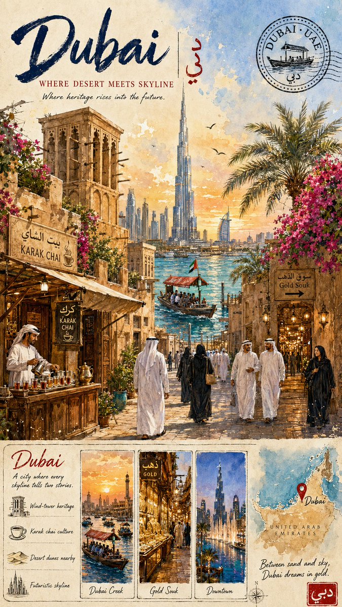 Vintage Dubai Suluboya Seyahat Posteri