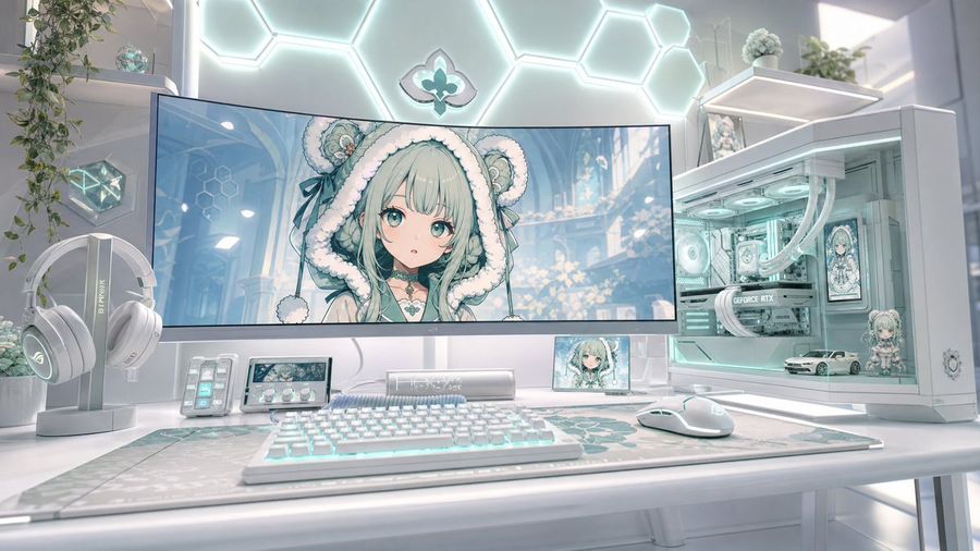 Configuración de escritorio gamer estilo anime en tonos pastel