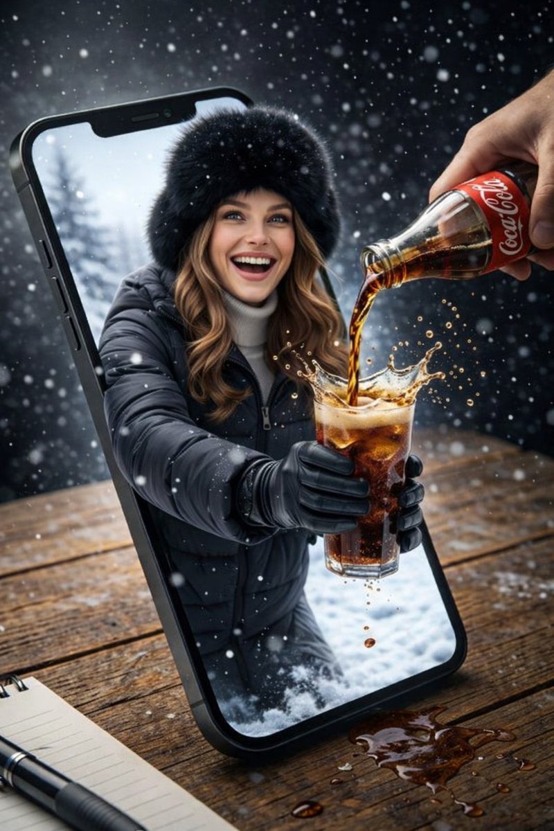 ภาพคอมโพสิตสุดเซอร์เรียลขณะเท Pepsi จากหน้าจอโทรศัพท์