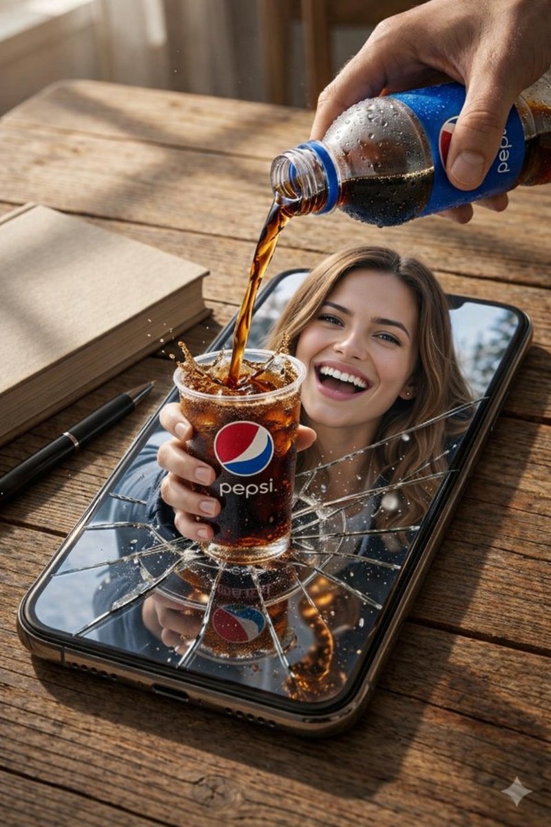 ภาพคอมโพสิตสุดเซอร์เรียลขณะเท Pepsi จากหน้าจอโทรศัพท์