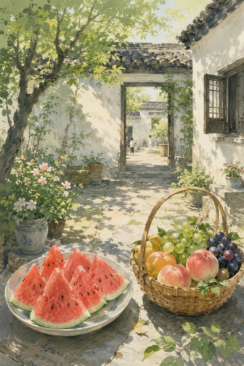 夏の東洋風中庭のイラスト