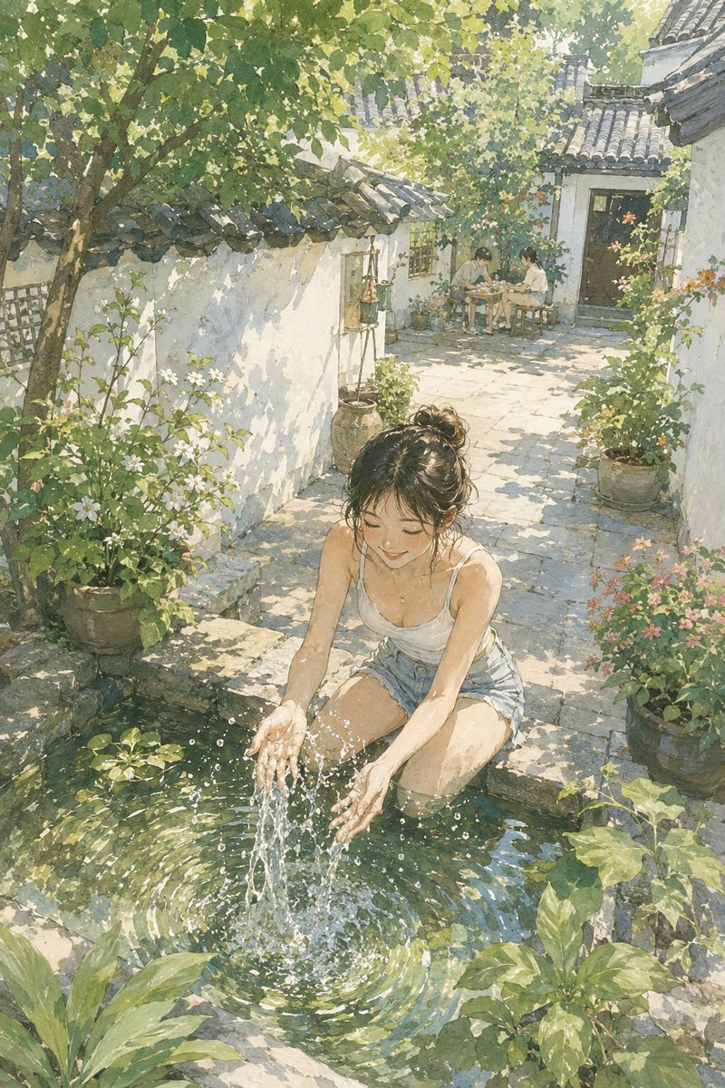 夏の東洋風中庭のイラスト