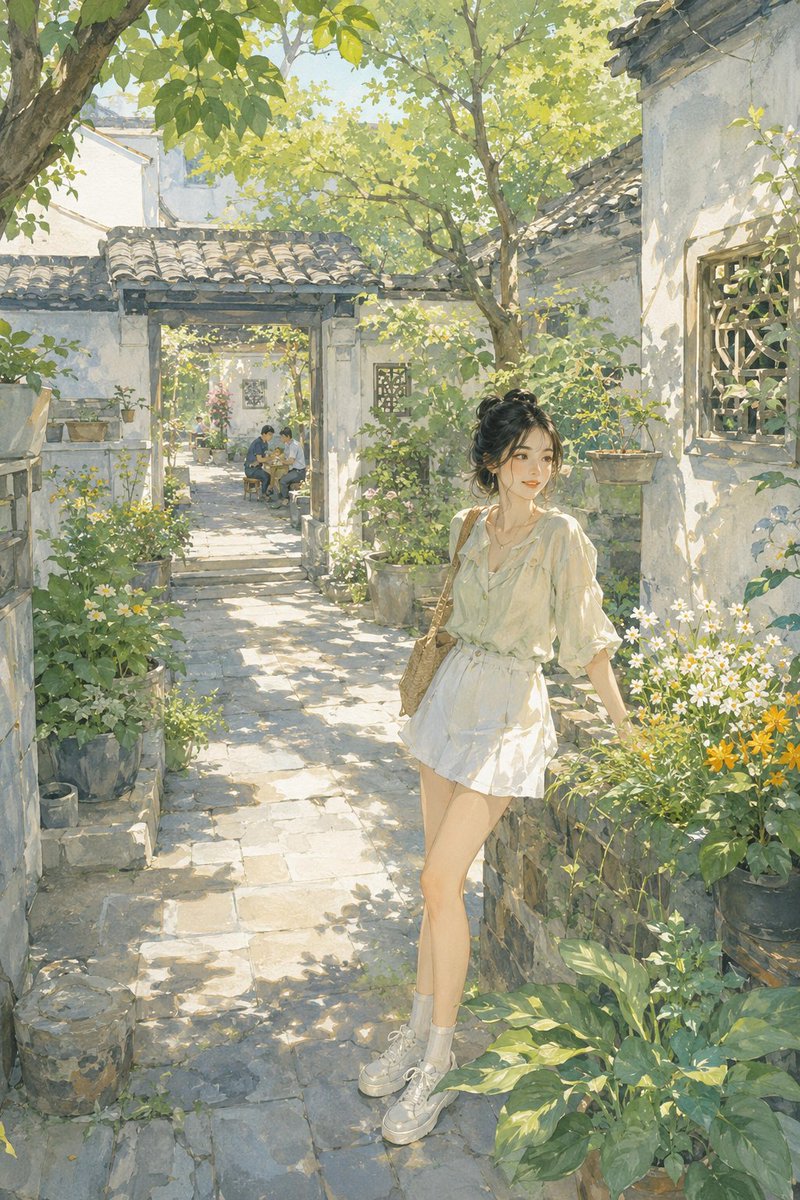 夏の東洋風中庭のイラスト