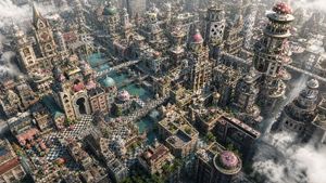 奇幻异想风格的市中心鸟瞰图