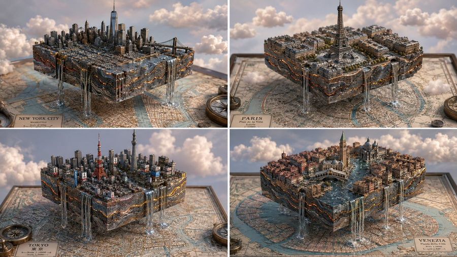 Ciudades de acero de Damasco y magma en estilo isométrico