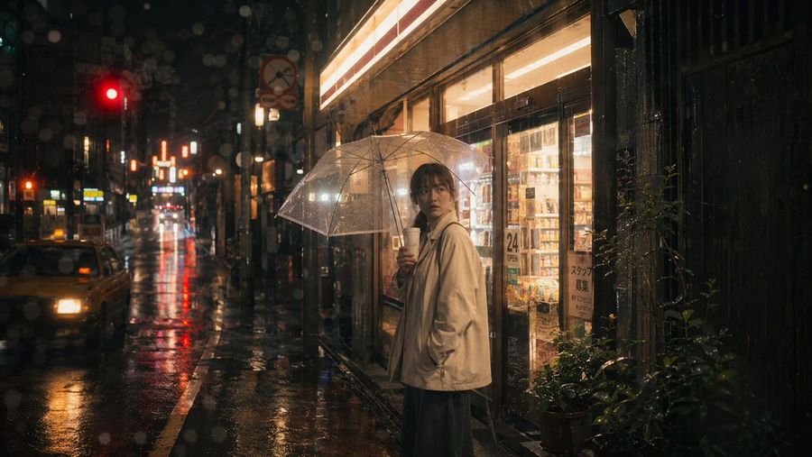 雨の東京のコンビニエンスストアの風景
