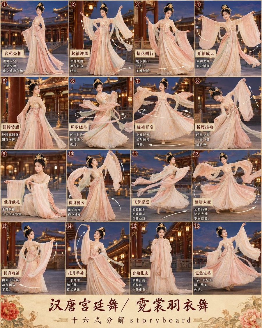 Prompt pour le 3e storyboard :
Veuillez créer une image de storyboard en 16 cases haute définition et hautement détaillée représentant une « danse de cour des Han et Tang / danse des vêtements de plumes arc-en-ciel ».