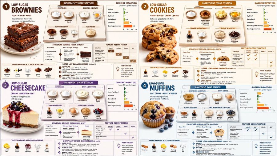 Infografía científica sobre postres bajos en azúcar