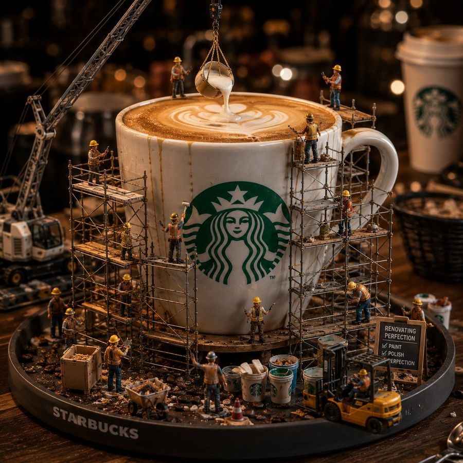 Escena de renovación de un Starbucks en miniatura