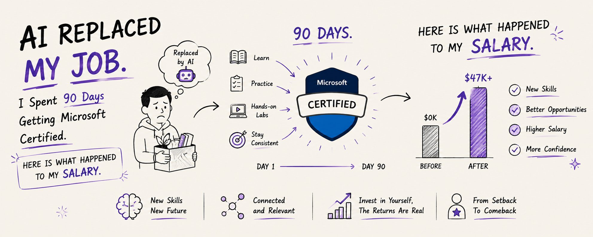 AI 取代了我的工作。我花了 90 天考取 Microsoft 認證，這就是我的薪資變化。