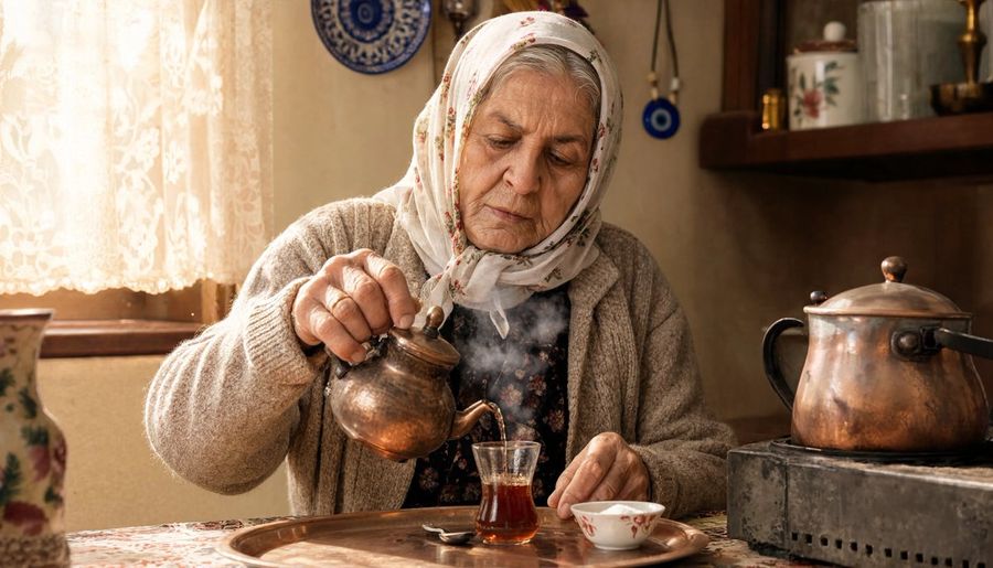 Abuela turca sirviendo té
