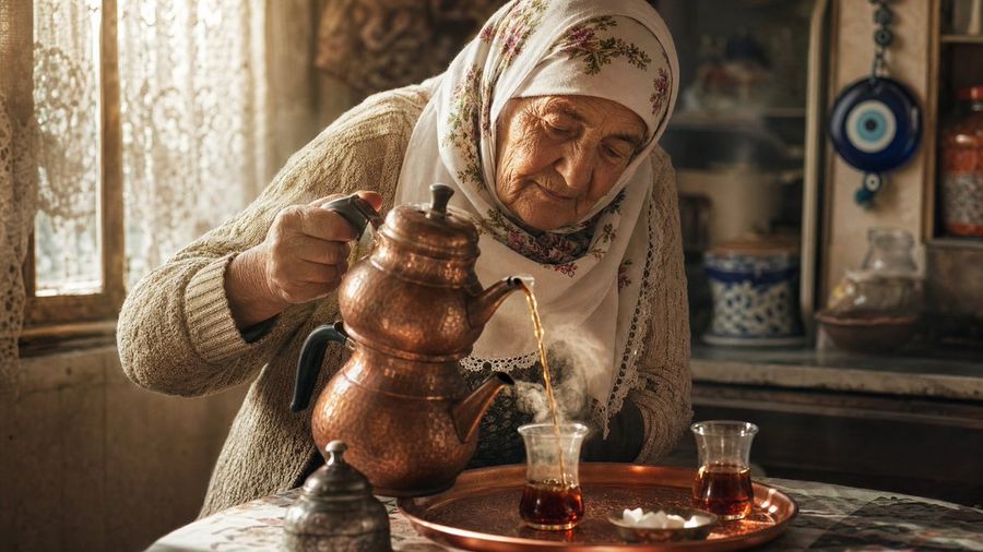 Abuela turca sirviendo té