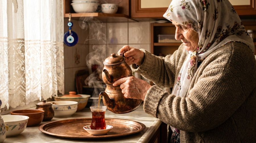 Abuela turca sirviendo té