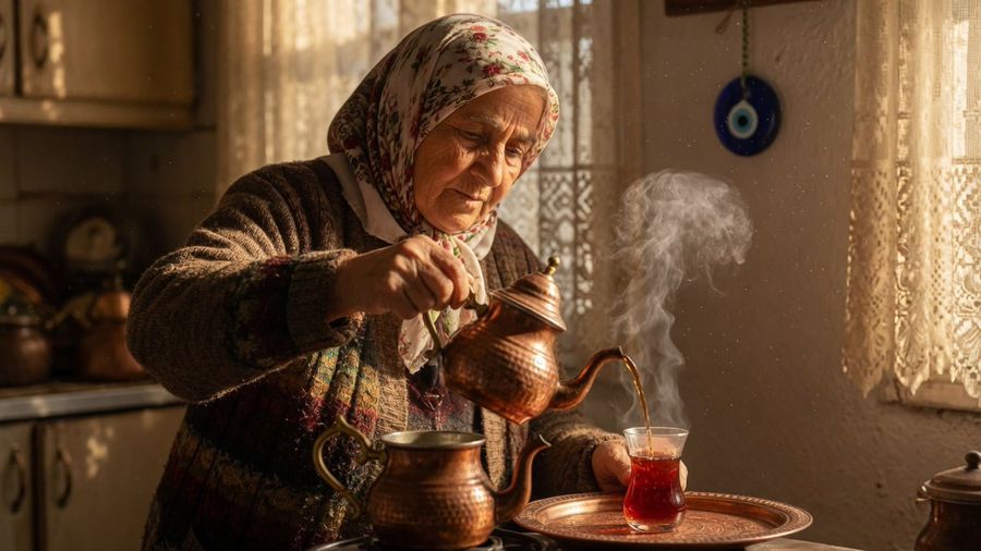 Abuela turca sirviendo té