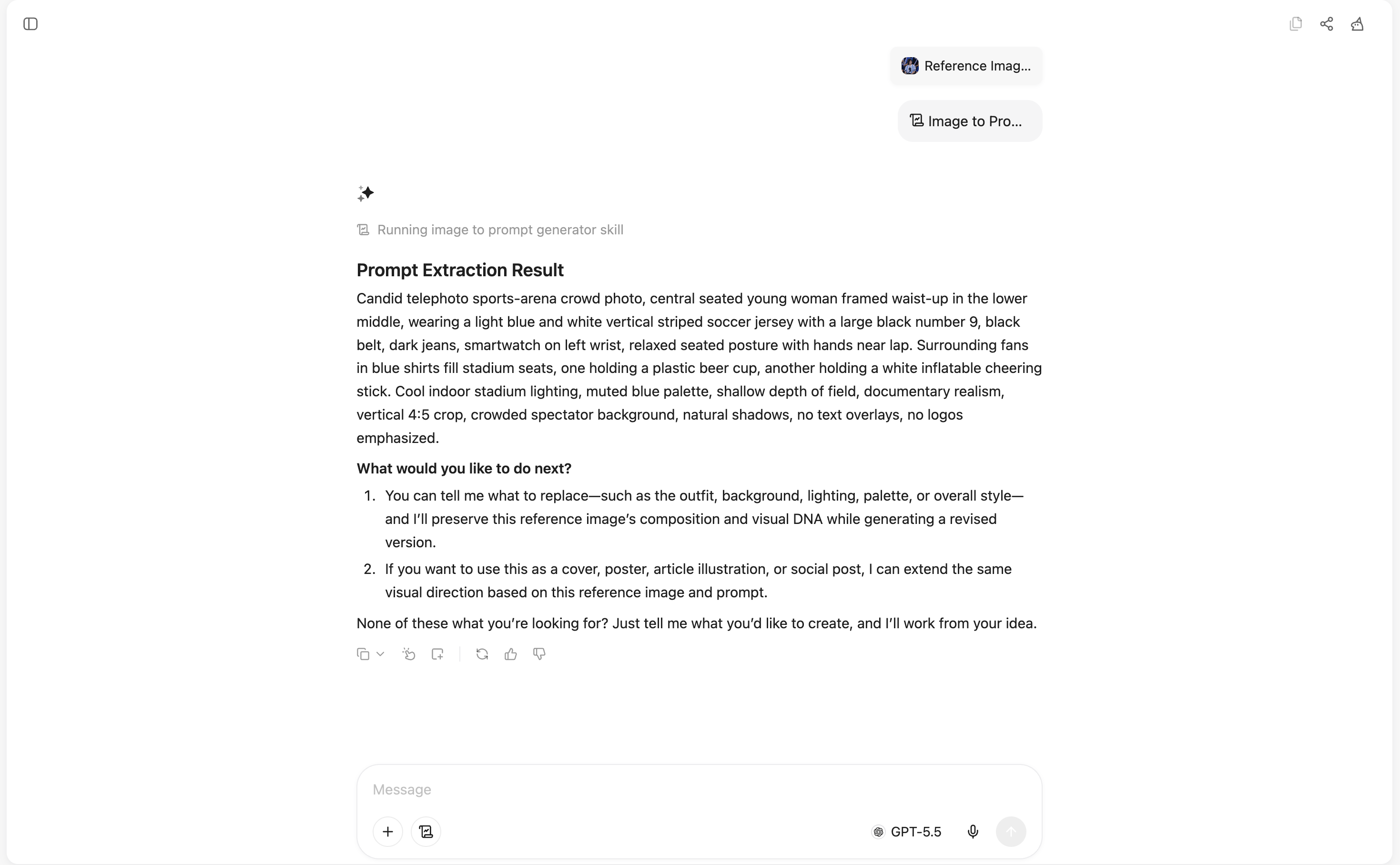 Screenshot del prodotto con immagine caricata e prompt generato