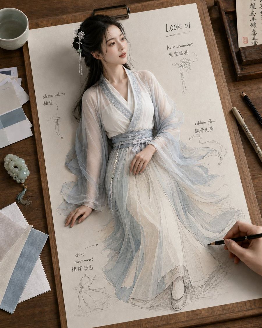 古風漢服草圖躍然紙上