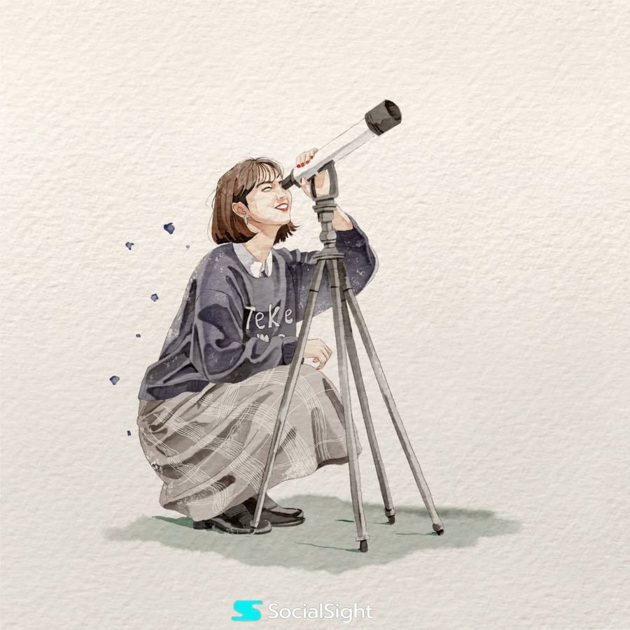 Ilustração em aquarela de mulher com telescópio