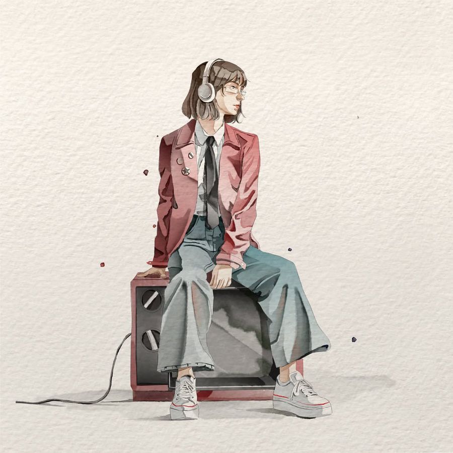 手持望遠鏡的女性水彩插畫