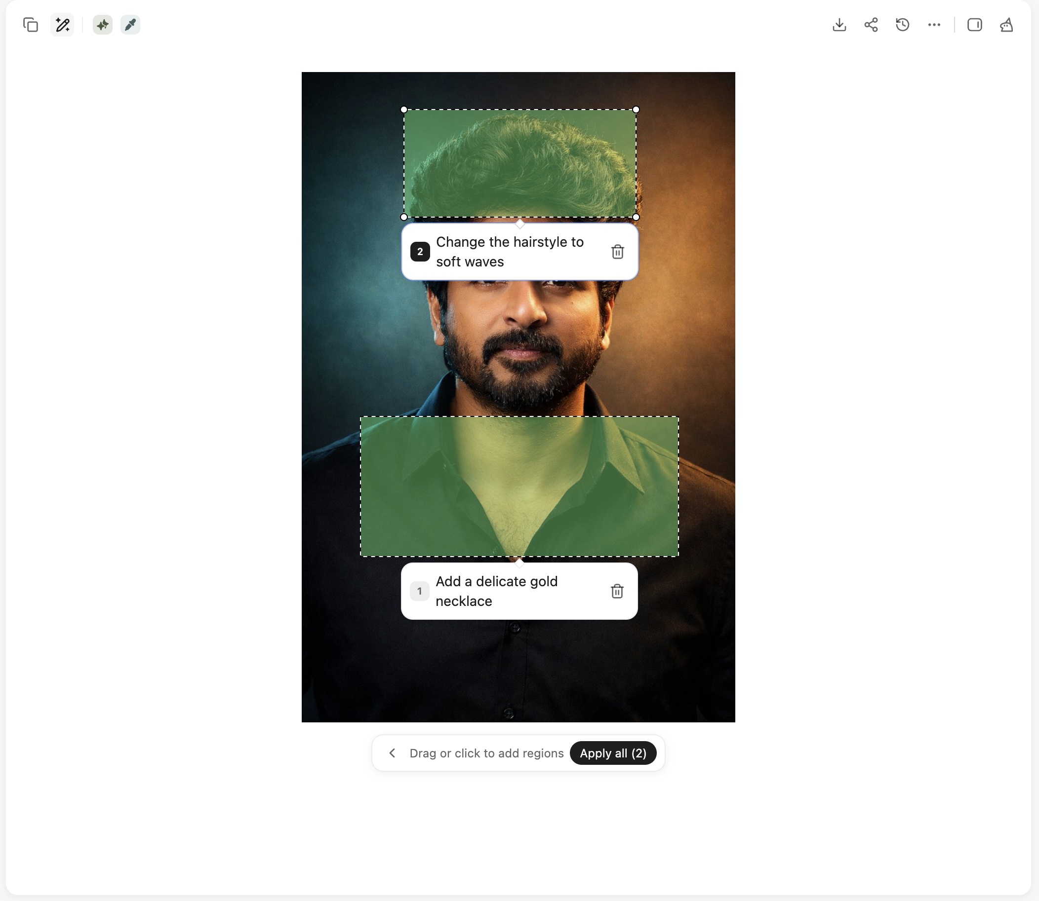 Editor de fotos con IA de YouMind con regiones seleccionadas y prompts de edición