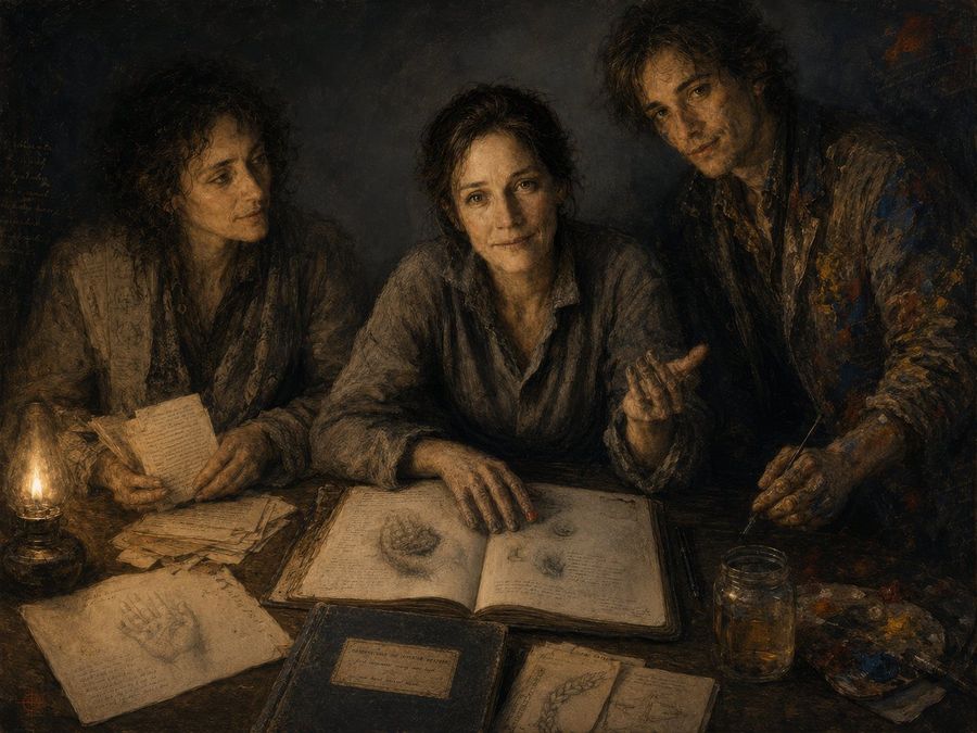 Trio Criativo ao Estilo dos Mestres Antigos sob Luz de Velas