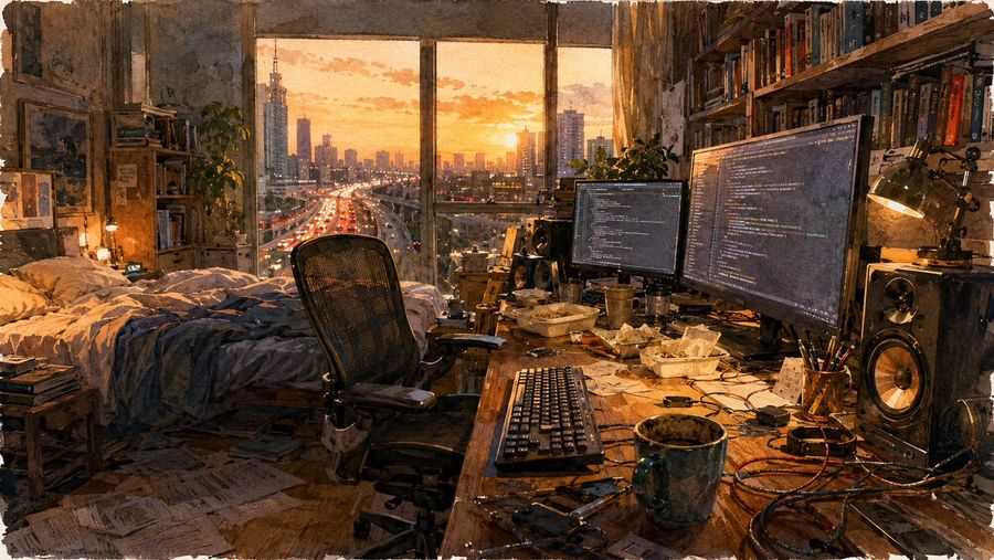 Estudio de programador en dormitorio al atardecer