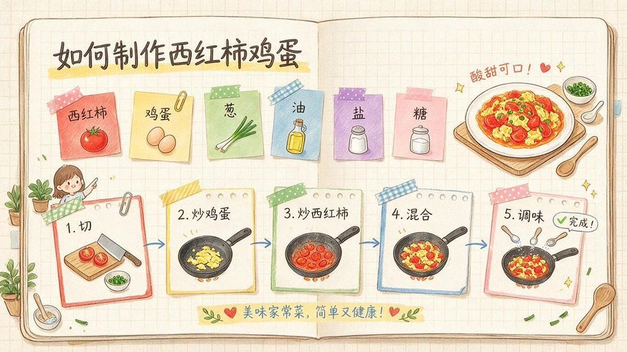 Infografía de receta de huevo con tomate dibujada a mano