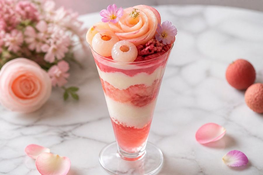Parfait de Pêssego, Lichia e Rosa em Tons Pastel
