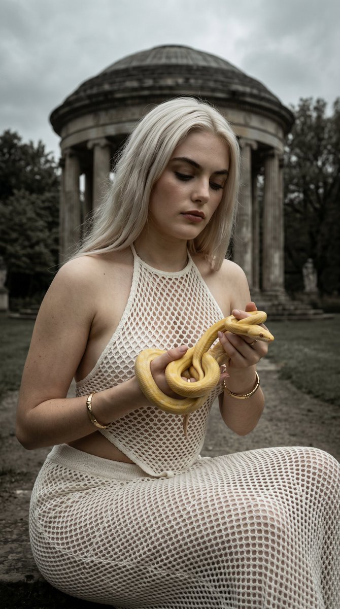 Femme aux cheveux platine et serpent