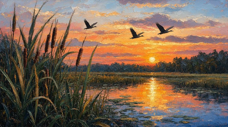Pintura a óleo em empaste de pântano ao pôr do sol