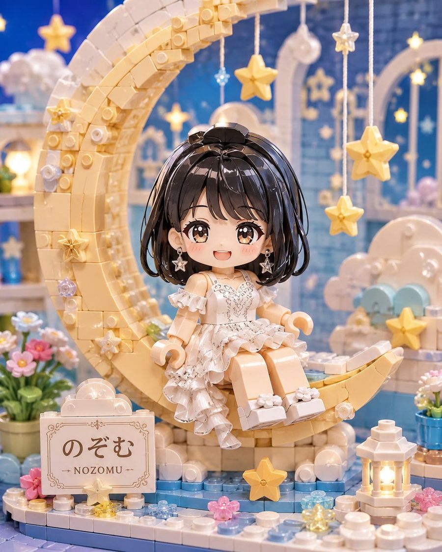 かわいいブロック製三日月ちびキャラジオラマ