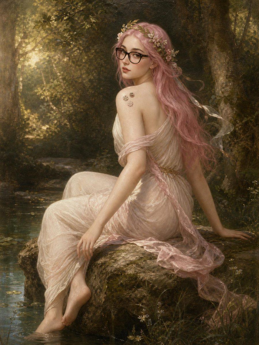 Ninfa da Floresta de Bouguereau com Cabelo Rosa