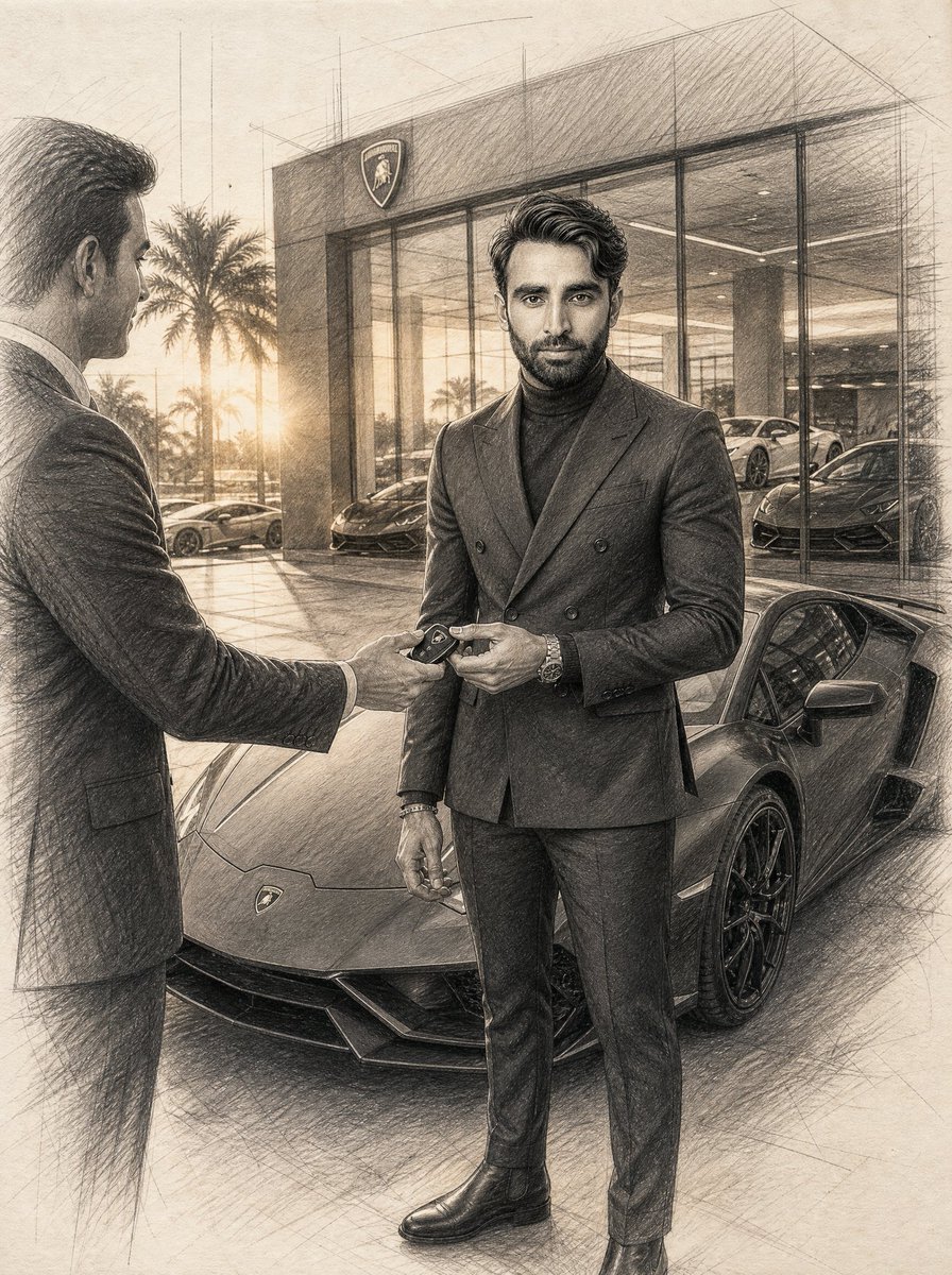 Esquisse au graphite d'un entrepreneur et de sa supercar