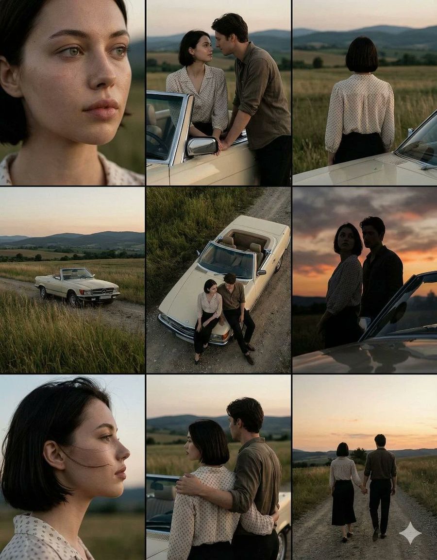 Cinematic Countryside Road Stop Film Still Grid