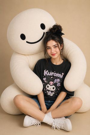 Mulher com mascote de pelúcia gigante