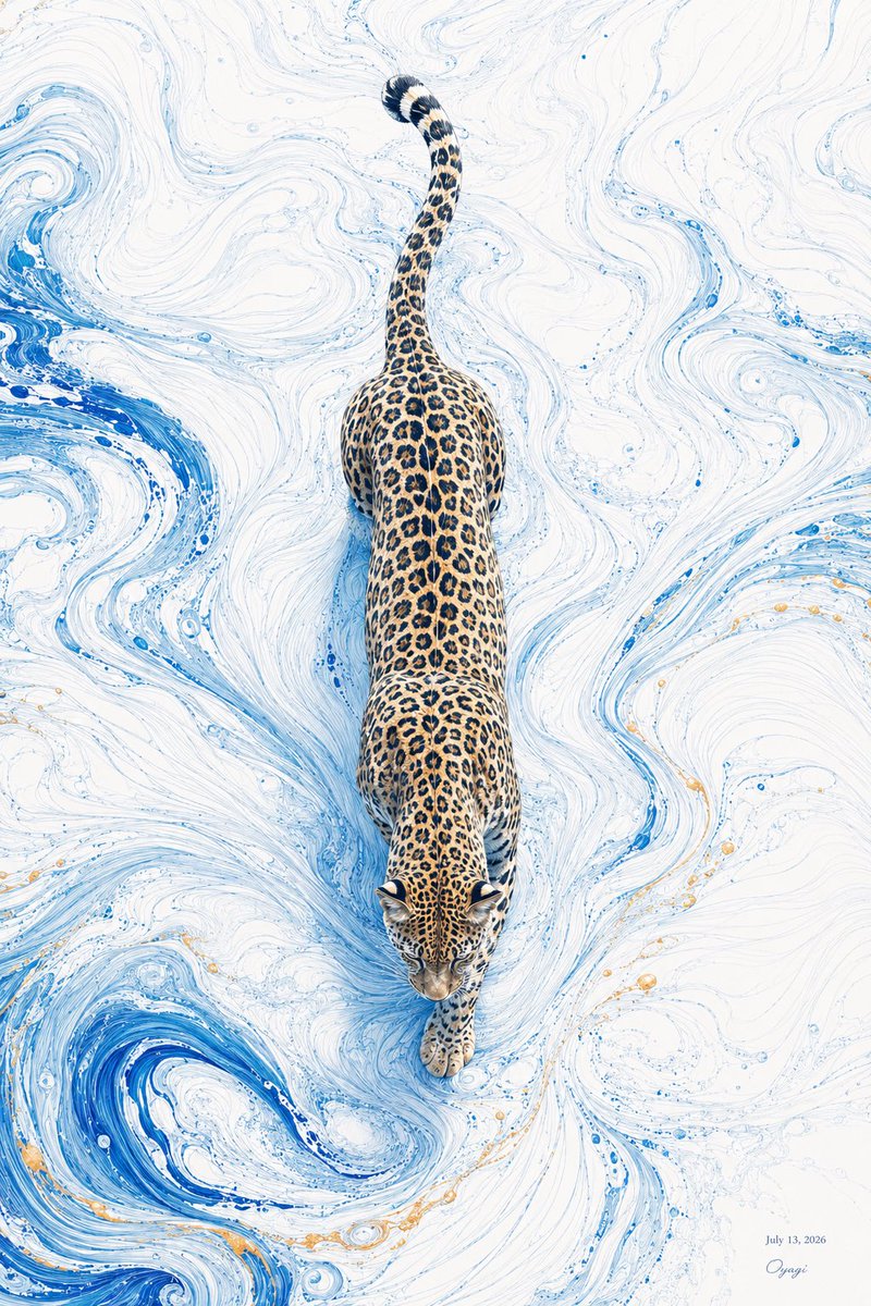 青い大理石の渦の中を歩くヒョウ(真上からの視点)