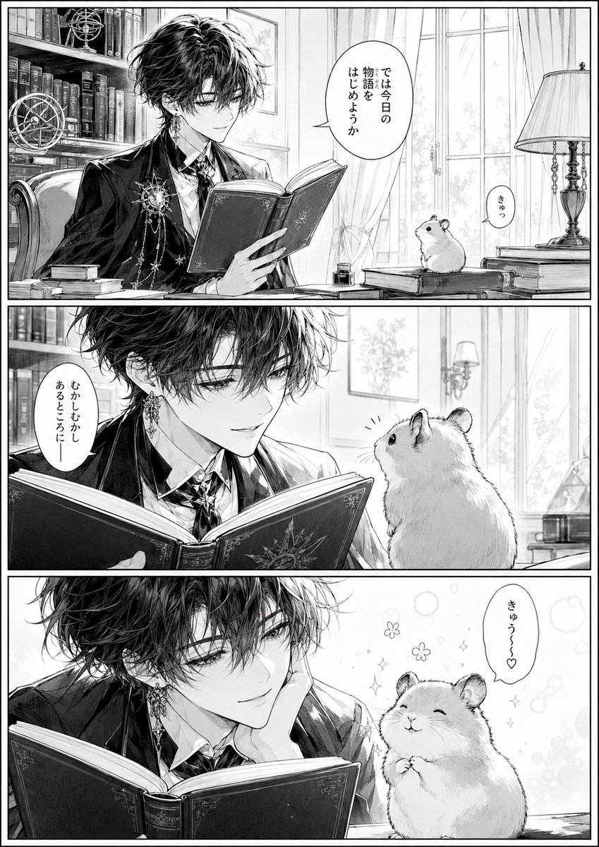 ゴシックな美少年とハムスターの読書風景