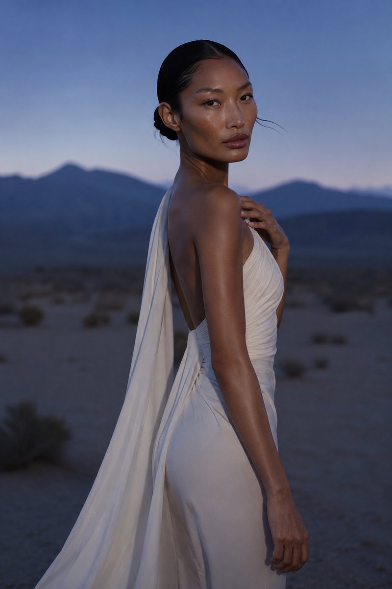 Ritratto di moda nel deserto al crepuscolo