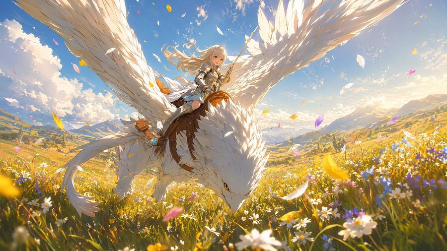 Vuelo por la pradera de la jinete de grifos de cabello blanco