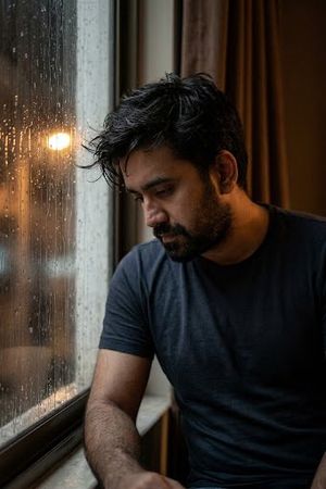 Retrato Cinematográfico Melancólico na Janela com Chuva
