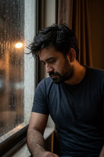 Retrato Cinematográfico Melancólico na Janela com Chuva