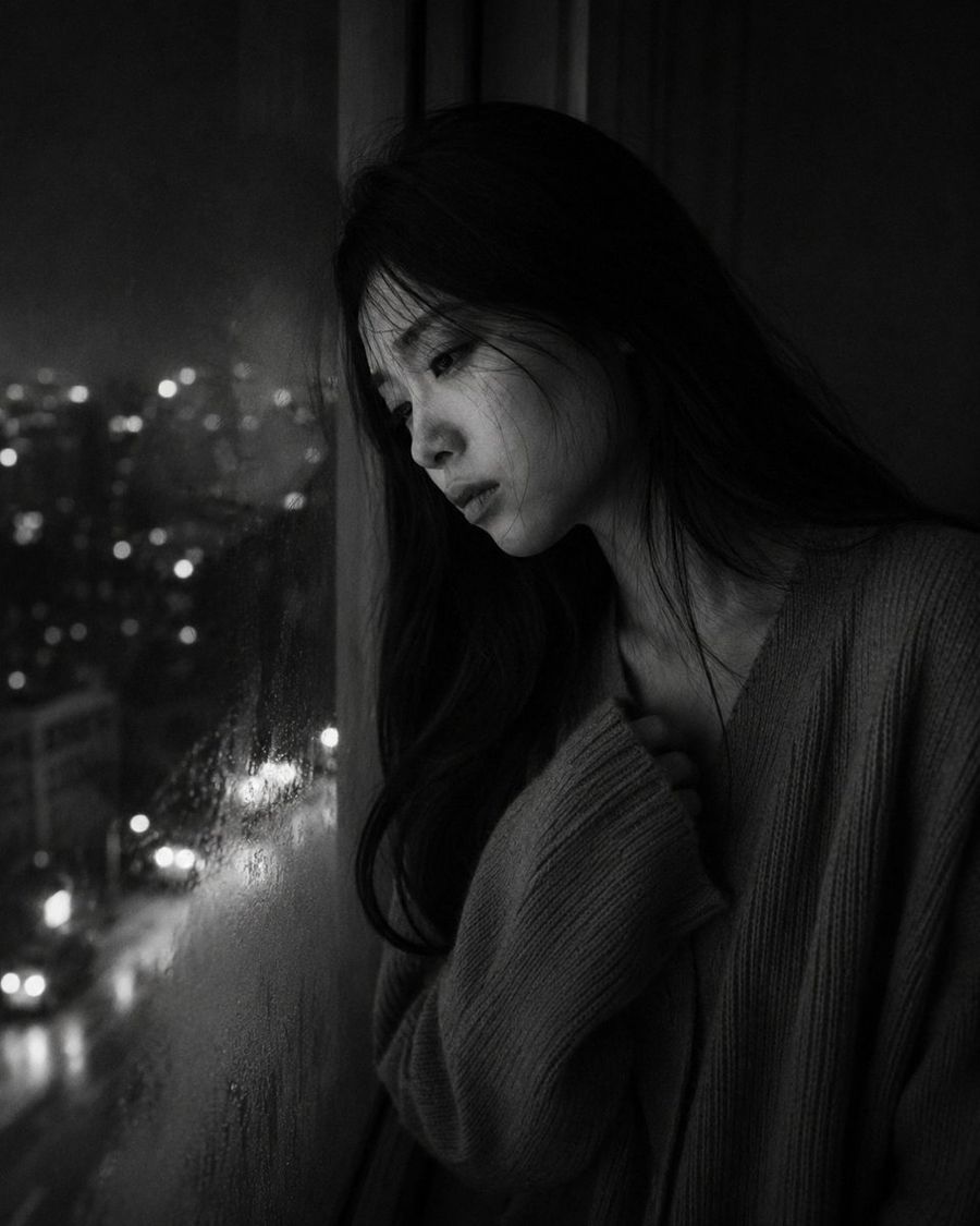 Retrato melancólico junto a la ventana de un apartamento por la noche