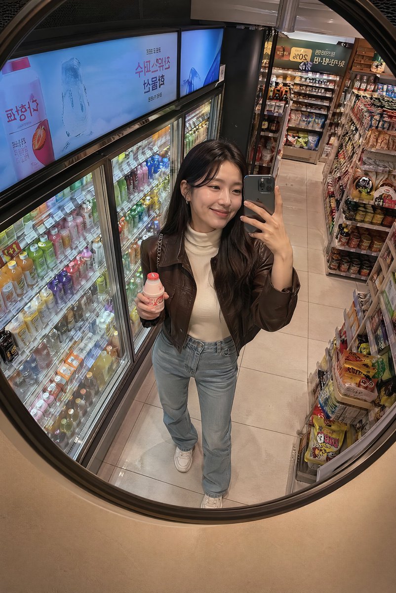 Ảnh selfie qua gương tại cửa hàng tiện lợi Hàn Quốc