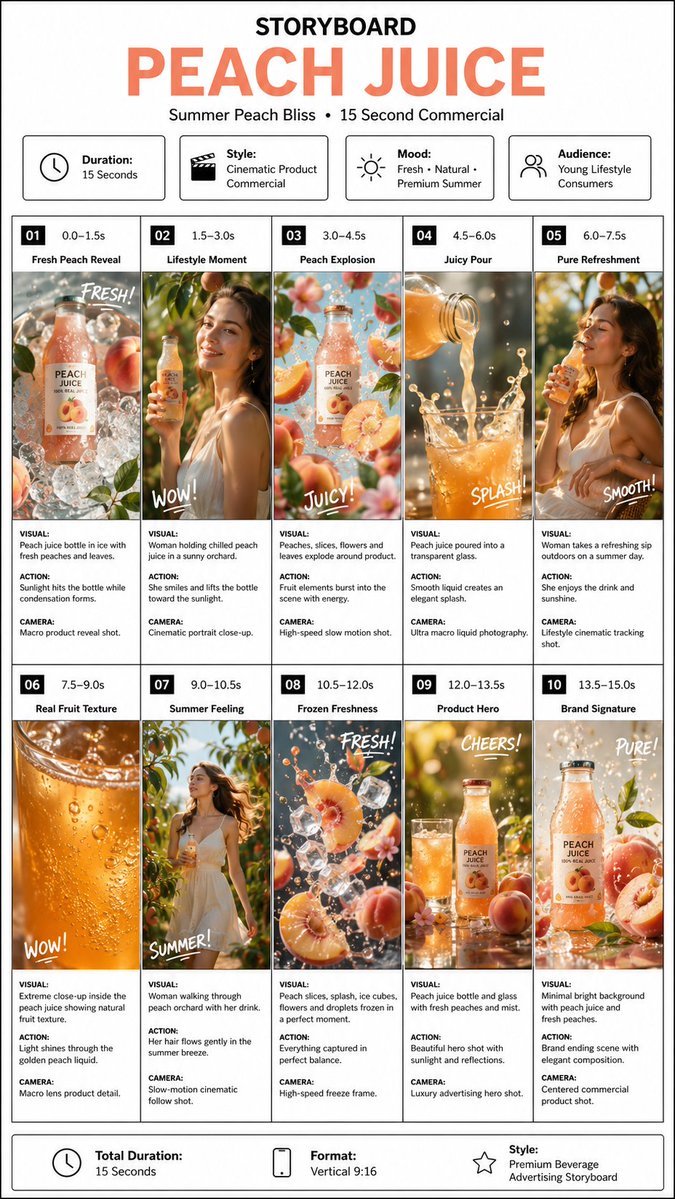 Storyboard für luxuriösen Pfirsichsaft