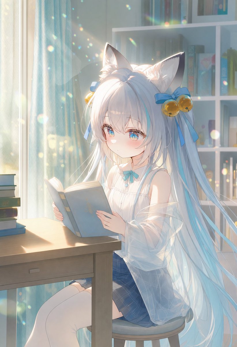 Chica con orejas de gato leyendo bajo la luz del sol