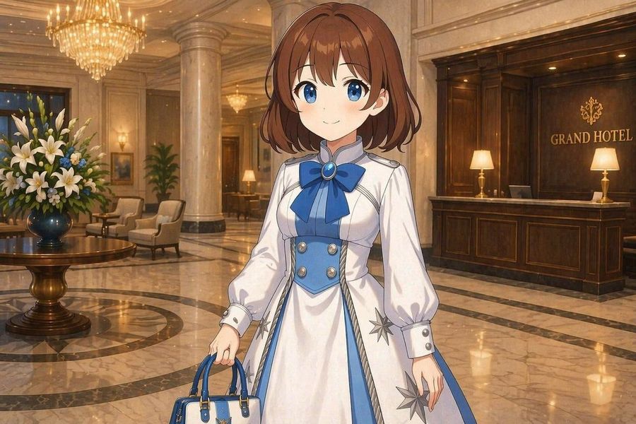 Recepcionista de hotel estilo anime en un gran vestíbulo