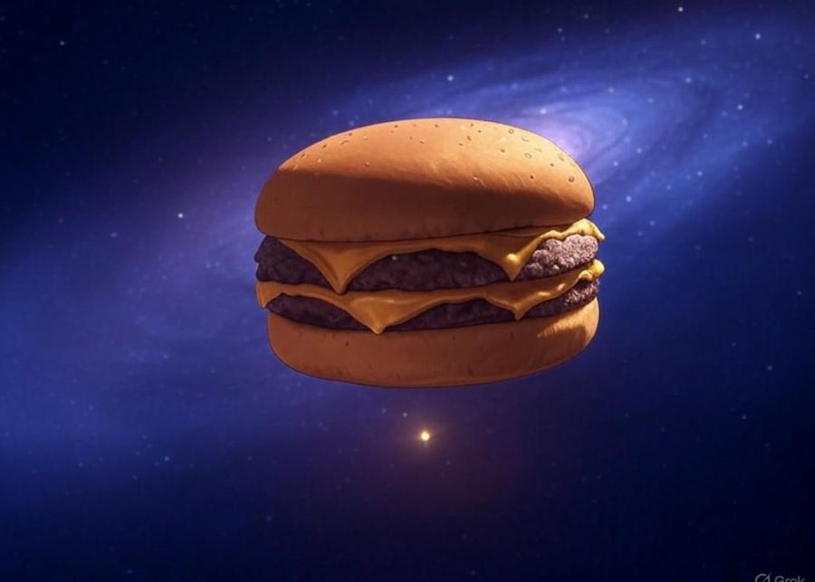 Schwebender Cheeseburger im Weltraum